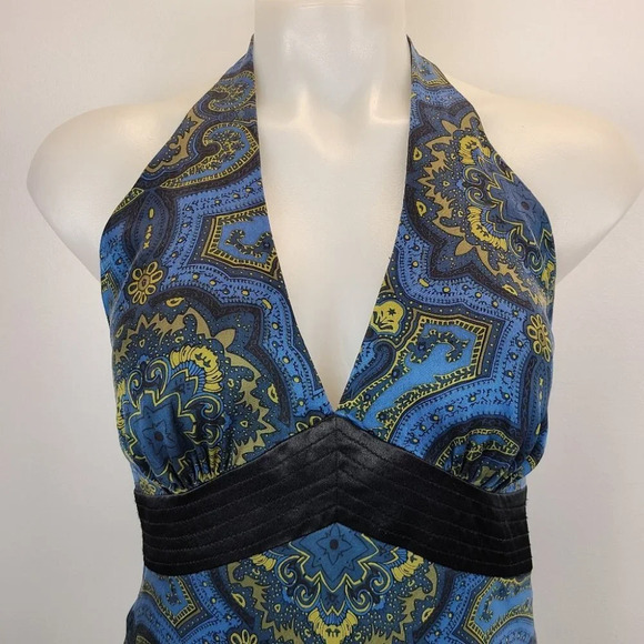 Laundry Shelli Segal 100% Silk Y2K V-neck Midi Halter Dress Blue Gold Regal 6 - Picture 7 of 13